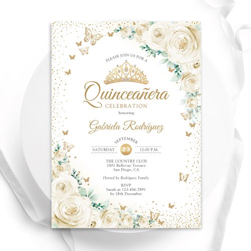 Watercolor Roses Cream Gold Floral Quinceanera Invitation