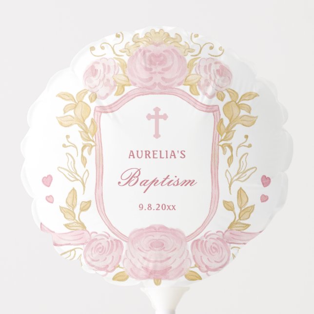 Watercolor Roses Crest Baptism Balloon (Front)