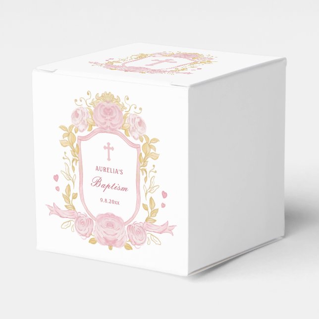 Watercolor Roses Crest Baptism Cube Favor Boxes (Front Side)