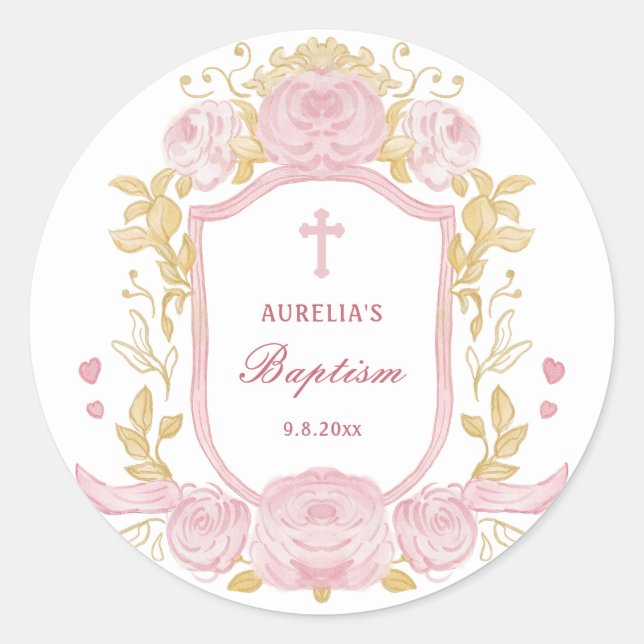 Watercolor Roses Crest Baptism Large Sticker (Front)