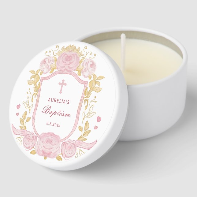 Watercolor Roses Crest Baptism Mini Candle Favors (Corner)