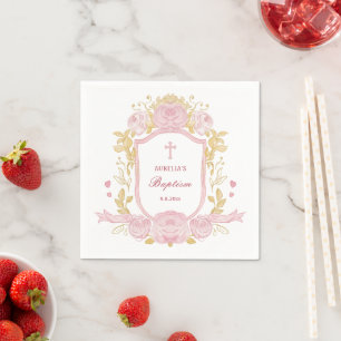 Watercolor Roses Crest Baptism Napkins