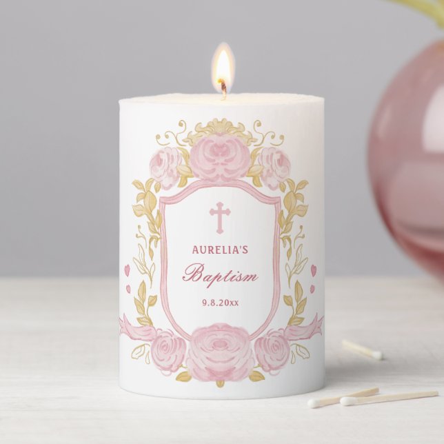 Watercolor Roses Crest Baptism Pillar Candle (In Situ)