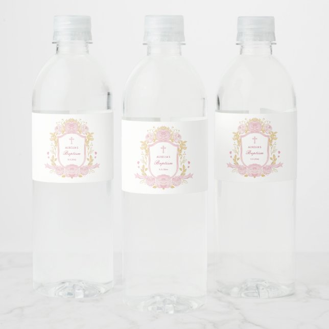 Watercolor Roses Crest Baptism Water Bottle Label (Bottles)