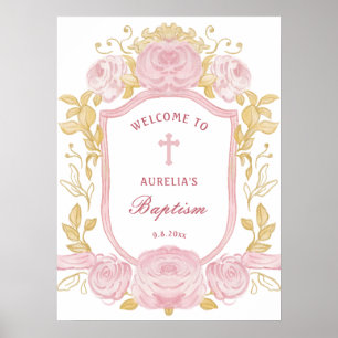 Watercolor Roses Crest Baptism Welcome Poster
