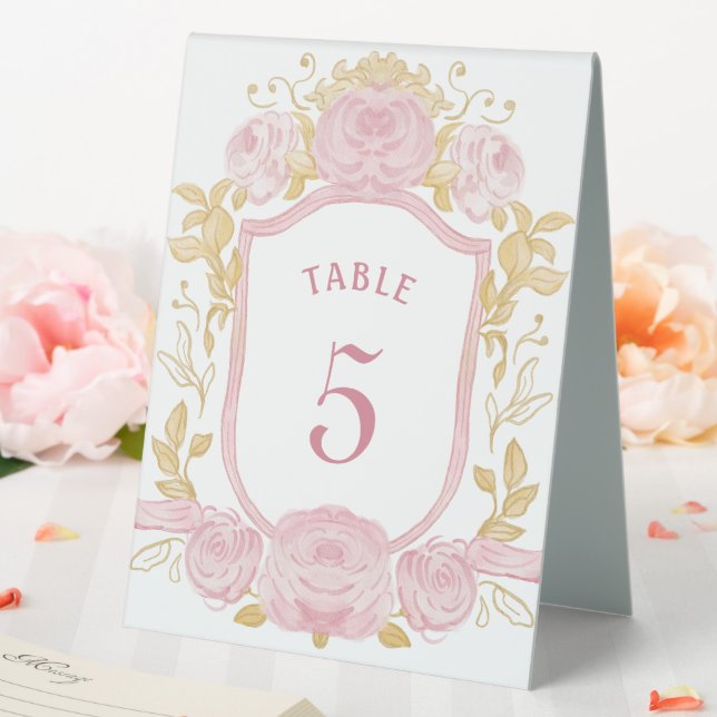 Watercolor Roses Crest Table Number Sign (In SItu (Wedding))