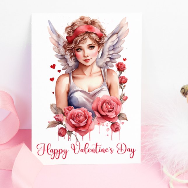 Watercolor Roses Cupid Happy Valentines Day  Card (Creator Uploaded)