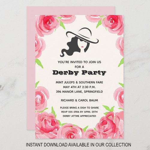 Watercolor Roses Derby Horse Race Party Invitation