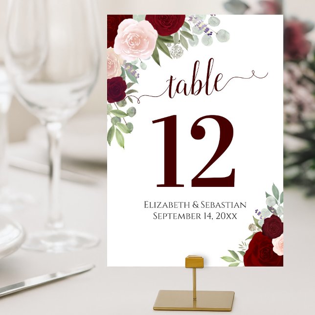 Watercolor Roses Elegant Burgundy Red Wedding Table Number (Customize & Order each number individually)