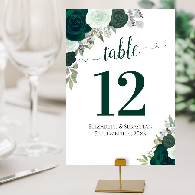 Watercolor Roses Elegant Emerald Green Wedding Table Number (Creator Uploaded)