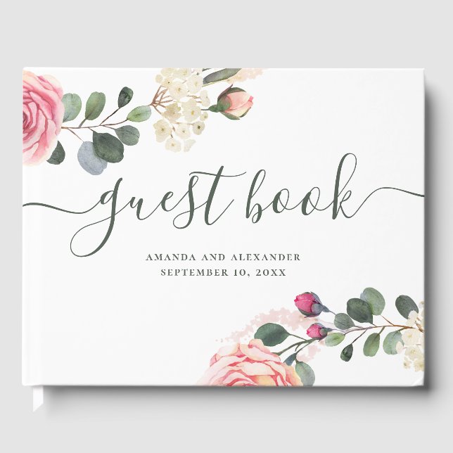 Watercolor roses. Elegant floral botanical wedding Guest Book (Front)