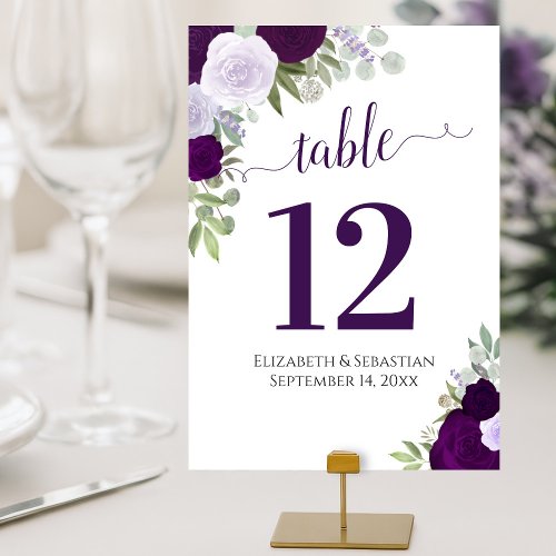 Watercolor Roses Elegant Plum Purple Wedding Table Number