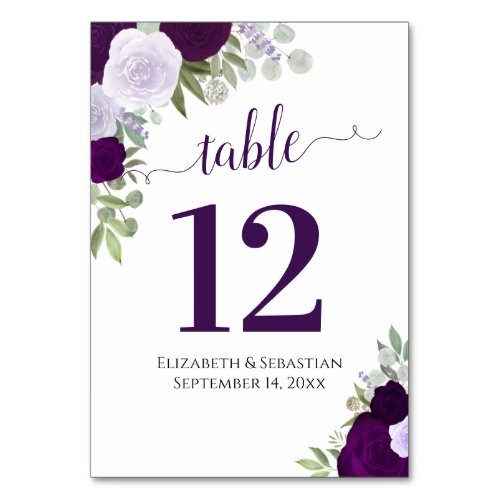 Watercolor Roses Elegant Plum Purple Wedding Table Number