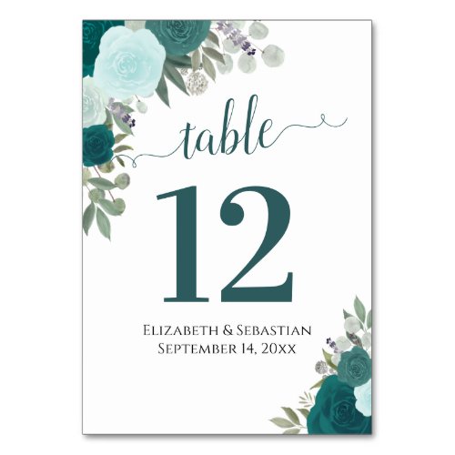 Watercolor Roses Elegant Teal Turquoise Wedding Table Number