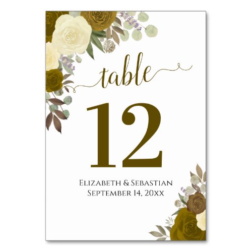 Watercolor Roses Elegant Yellow  Gold Wedding Table Number