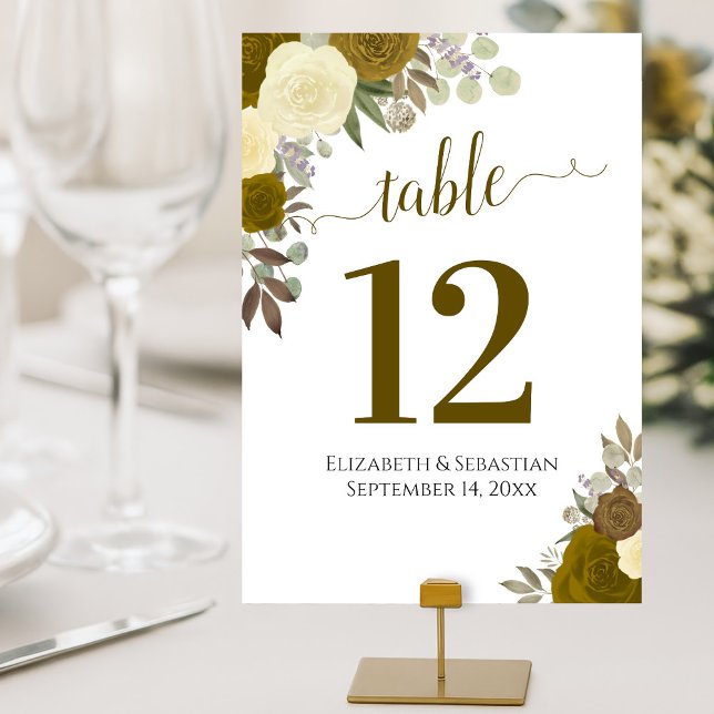 Watercolor Roses Elegant Yellow & Gold Wedding Table Number (Creator Uploaded)