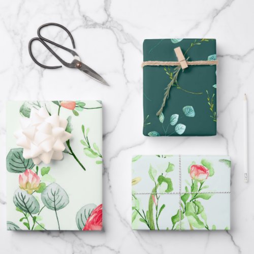 Watercolor Roses Eucalyptus and Foliage Assorted Wrapping Paper Sheets