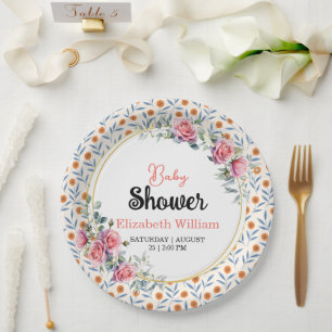 Watercolor Roses & Eucalyptus Baby Shower Paper Plates
