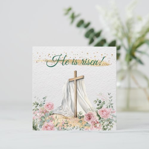 Watercolor Roses Eucalyptus He Is Risen Christian Holiday Card
