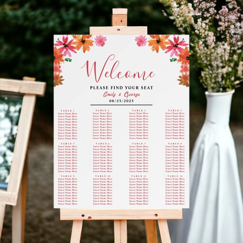 Watercolor Roses Fall Floral Wedding Seating Chart Foam Board