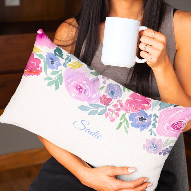 Watercolor Roses Floral Arrangement Personalize Lumbar Pillow (Creator Uploaded)