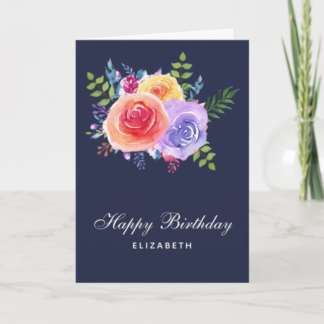 Watercolor Roses Floral Bouquet Birthday Card (Front)