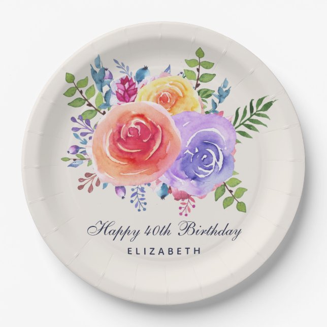 Watercolor Roses Floral Bouquet Birthday Paper Plates (Front)