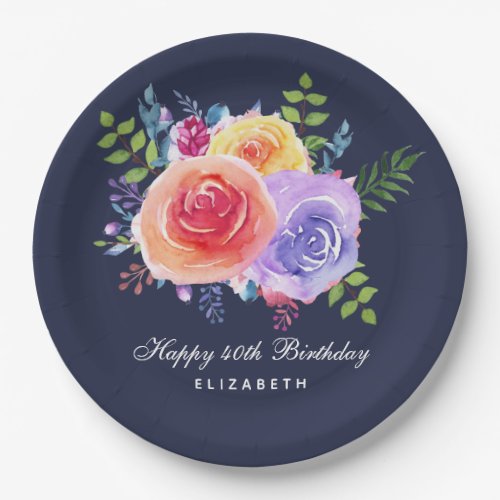 Watercolor Roses Floral Bouquet Birthday Paper Plates