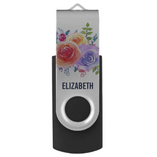 Watercolor Roses Floral Bouquet Flash Drive