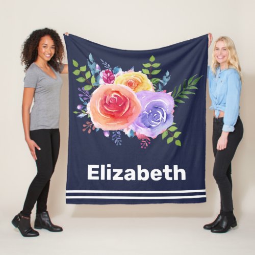 Watercolor Roses Floral Bouquet Fleece Blanket