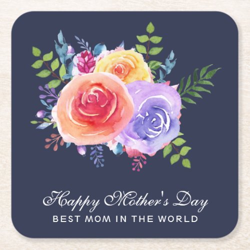 Watercolor Roses Floral Bouquet Mothers Day Square Paper Coaster