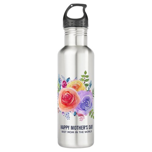 Watercolor Roses Floral Bouquet Mothers Day Stainless Steel Water Bottle