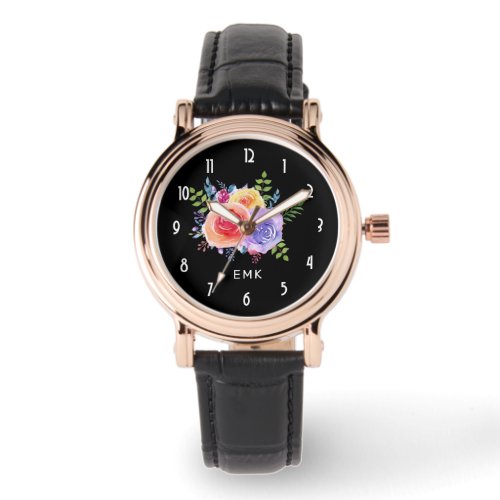 Watercolor Roses Floral Bouquet on Black Watch