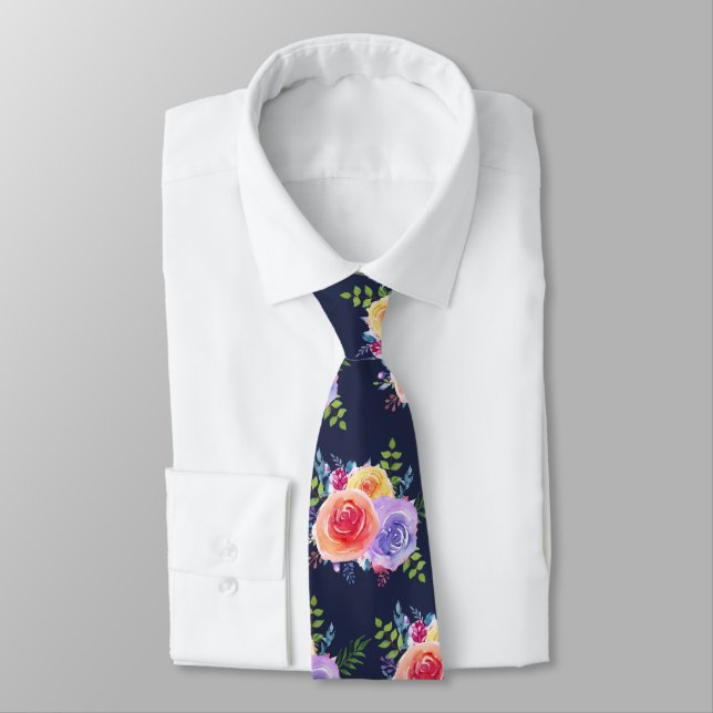Watercolor Roses Floral Bouquet Pattern Neck Tie (Tied)