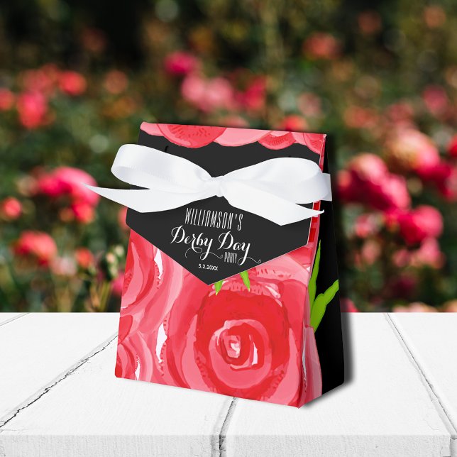Watercolor Roses Floral Derby Day Favor Boxes (Tent style ribbon closure favor boxes 3"w x 1.5"l x 3.25"h)