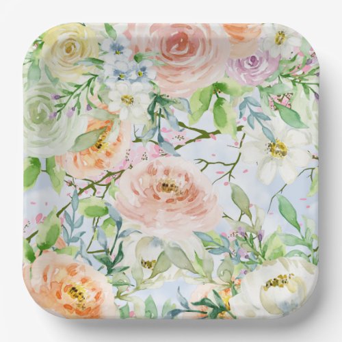 Watercolor Roses Floral Garden Party Wedding Paper Plates