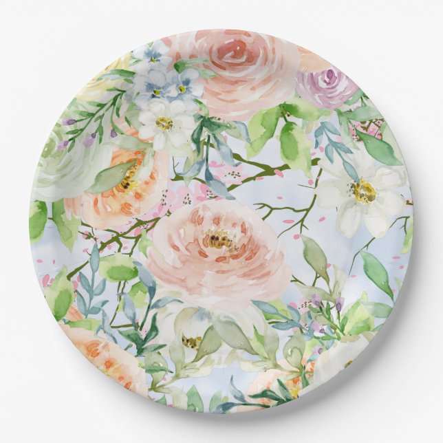 Watercolor Roses Floral Garden Party Wedding Paper Plates (Front)