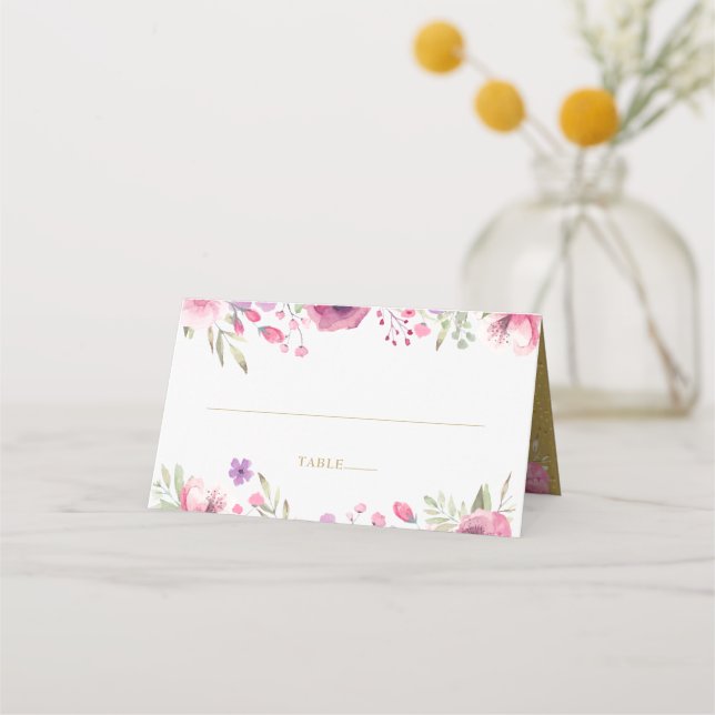 Watercolor Roses Floral Gold Place Card (Front)