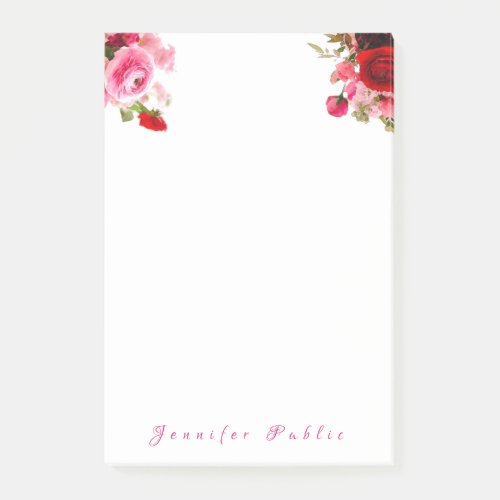Watercolor Roses Floral Handwriting Name Text Post_it Notes