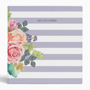 Watercolor Roses Floral Lavender Stripe Pattern 3 Ring Binder