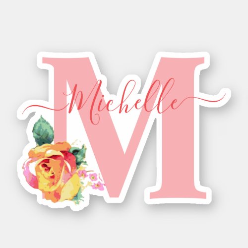 Watercolor Roses Floral Letter Initial Monogrammed Sticker