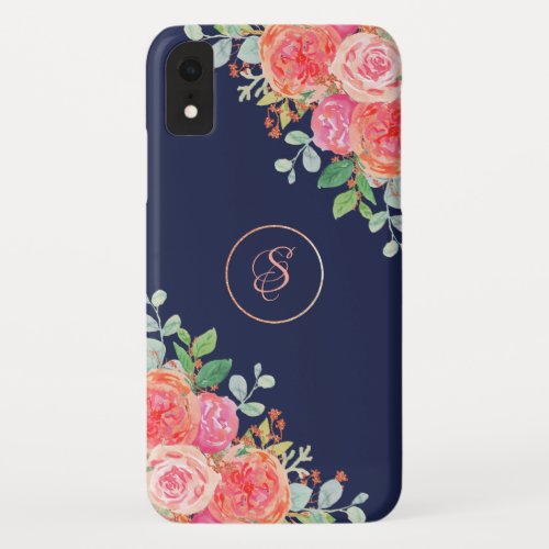 Watercolor Roses Floral Navy Glitter Monogram iPhone XR Case