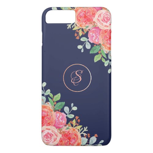 Watercolor Roses Floral Navy Glitter Monogram iPhone 8 Plus7 Plus Case