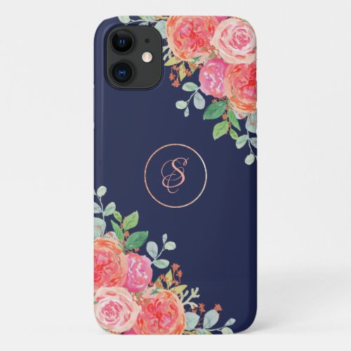 Watercolor Roses Floral Navy Glitter Monogram iPhone 11 Case