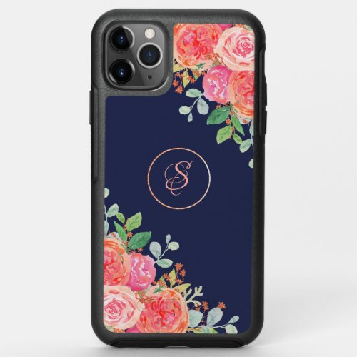 Watercolor Roses Floral Navy Glitter Monogram OtterBox Symmetry iPhone 11 Pro Max Case