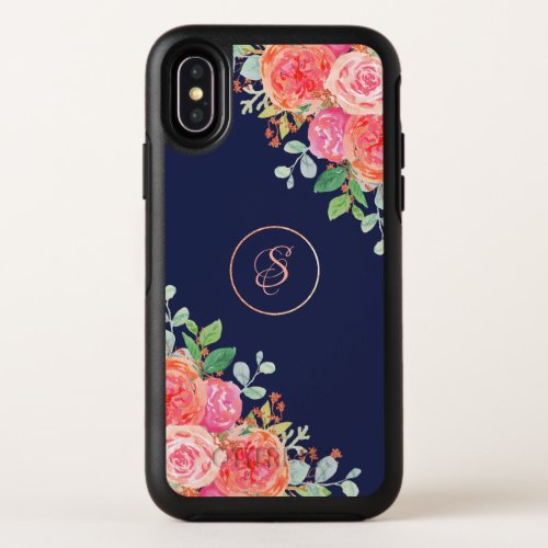 Watercolor Roses Floral Navy Glitter Monogram OtterBox Symmetry iPhone XS Case