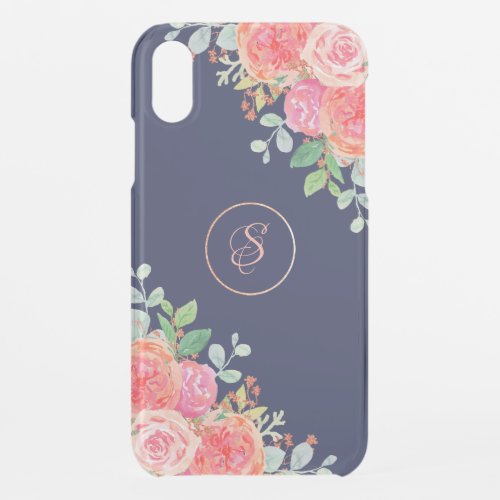 Watercolor Roses Floral Navy Glitter Monogram iPhone XR Case
