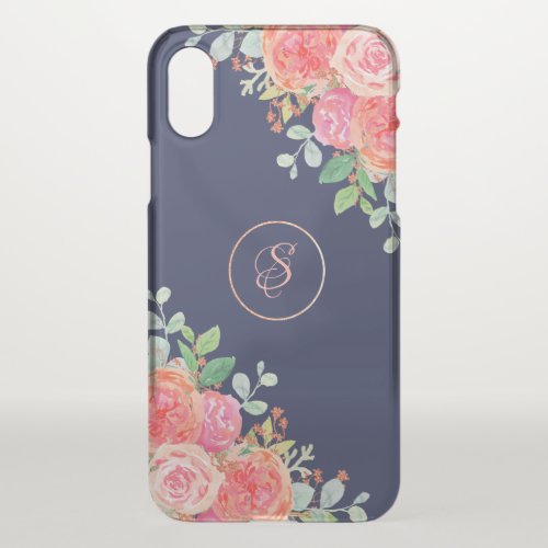 Watercolor Roses Floral Navy Glitter Monogram iPhone X Case