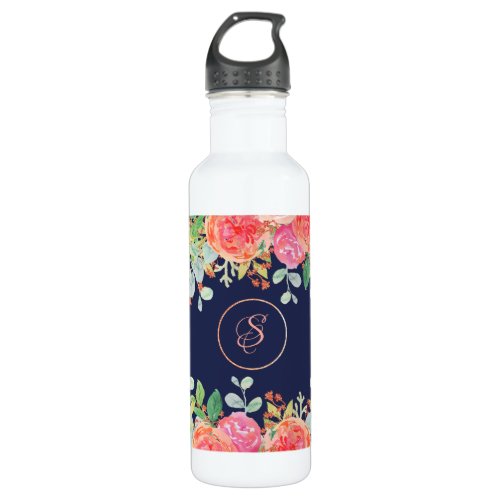 Watercolor Roses Floral Navy Glitter Personalized Stainless Steel Water Bottle