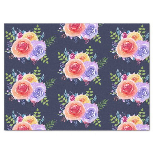 Watercolor Roses Floral Pattern on Navy Blue Tissue Paper